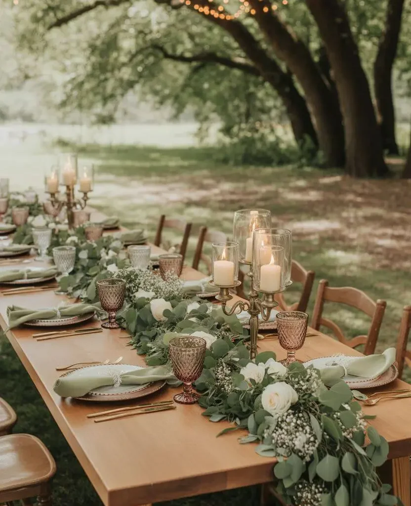 Outdoor boho wedding table decorations with greenery and mixed textures