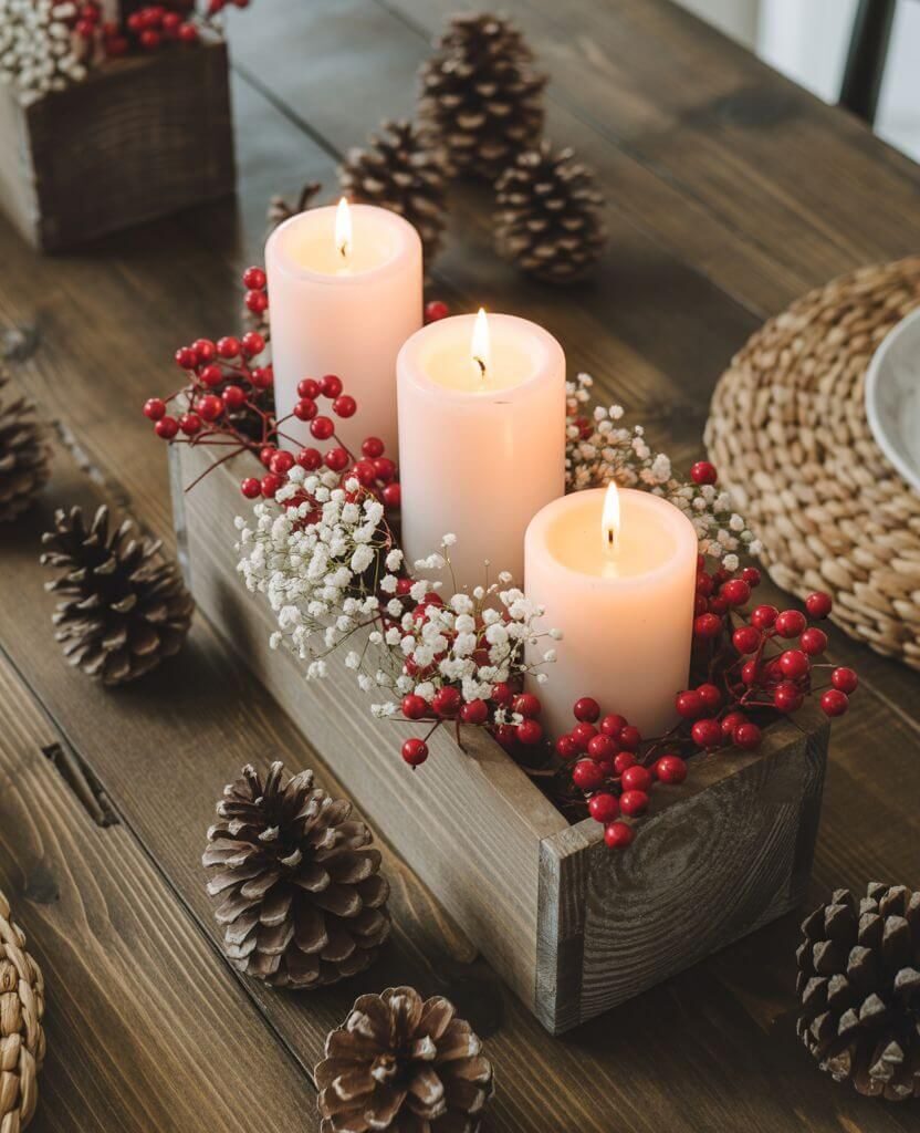 Rustic wooden box centerpiece with white candles, red berries, baby’s breath, and pinecones for cozy holiday table decor.