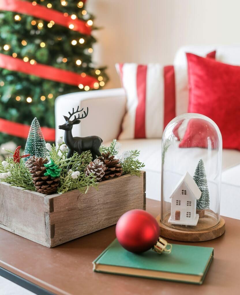 Rustic farmhouse coffee table Christmas decor featuring wood tray, pinecones and mini trees.
