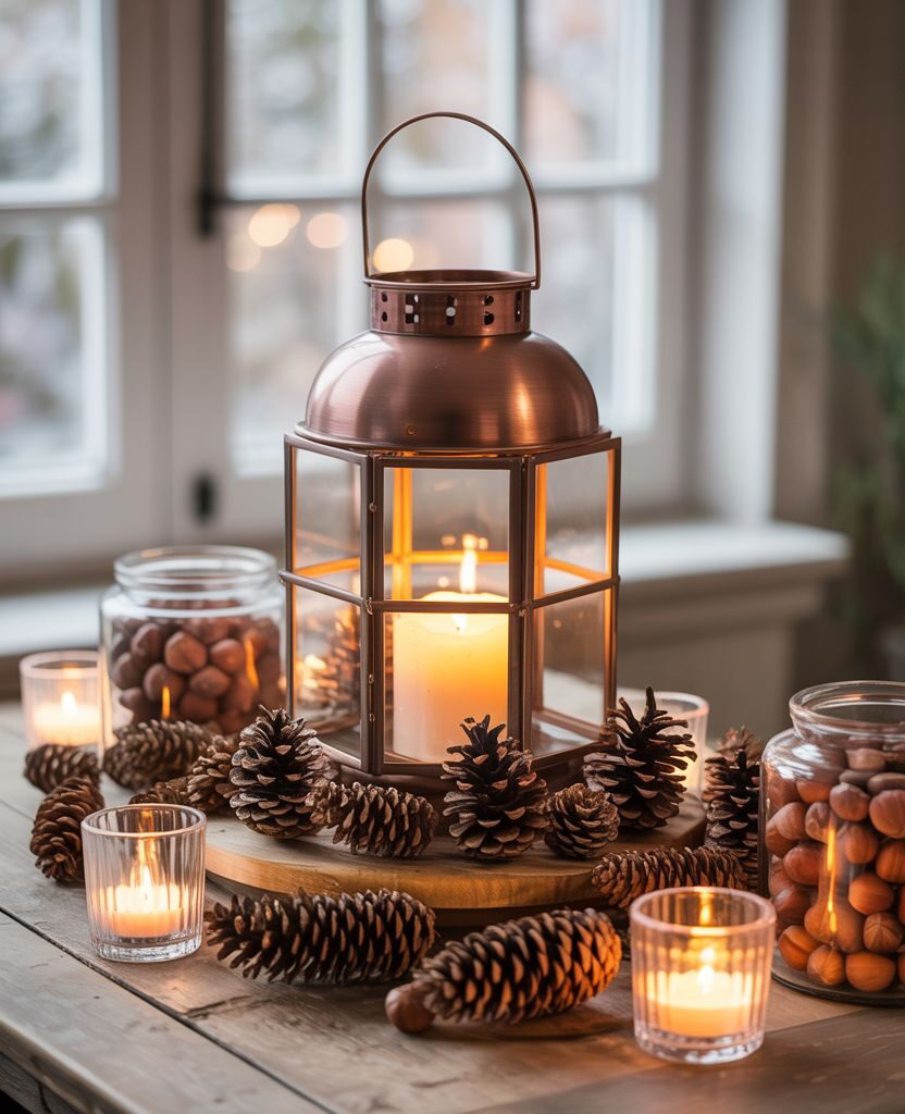 Rustic Thanksgiving centerpiece with a bronze lantern, pinecones, candles, and jars filled with acorns – cozy fall table decor idea.