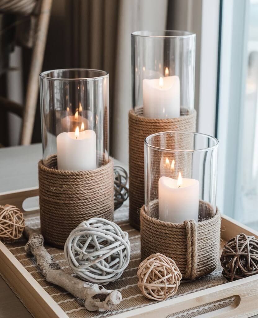 DIY farmhouse fall table decor idea featuring glass candle holders and rope details — cozy rustic centerpiece for autumn gatherings.