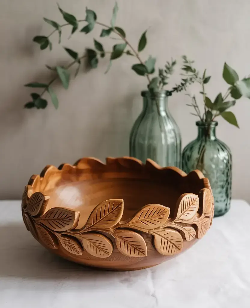 rustic wooden bowl with carved leaf details, natural spring decor styling with glass vases and greenery
