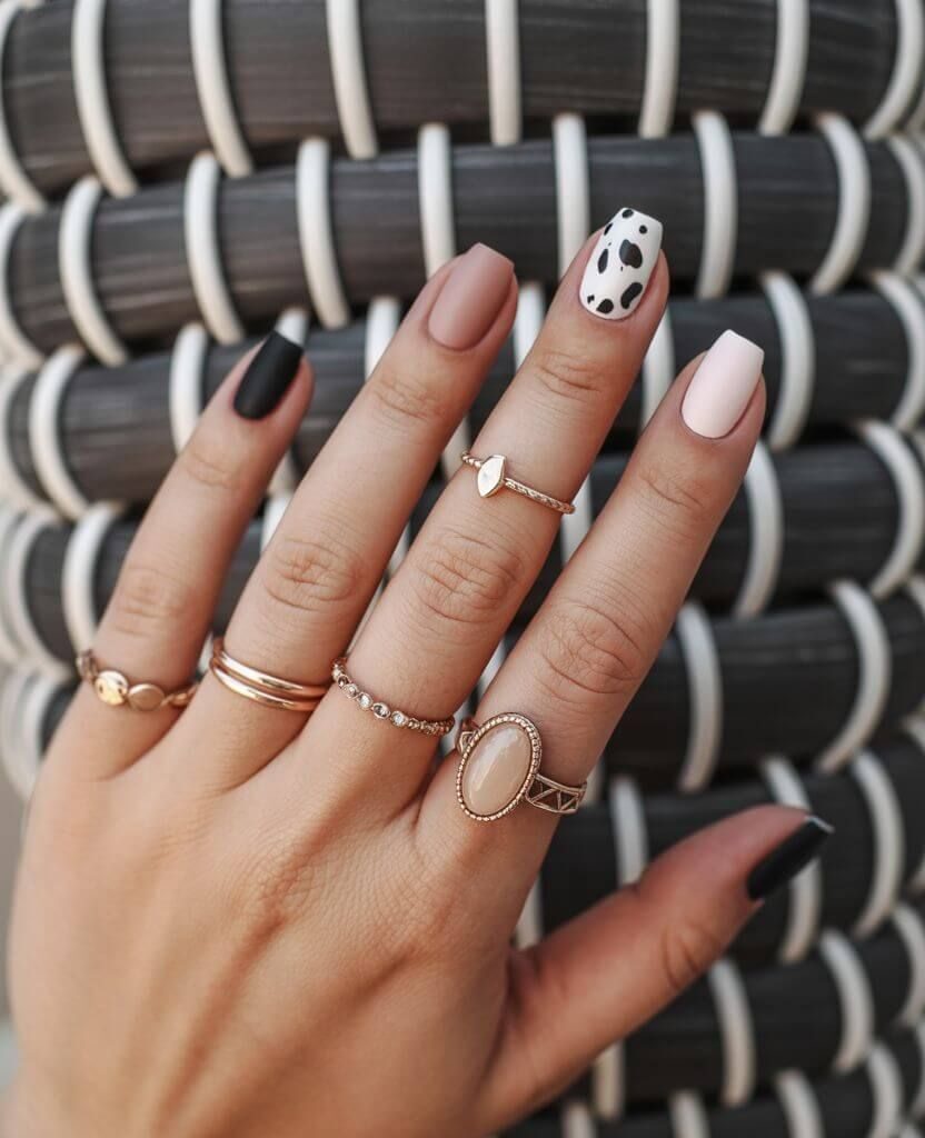 Trendy short autumn nails with matte black, nude, pale pink, and a chic cow print accent nail design – minimalist fall nail art idea for 2025.