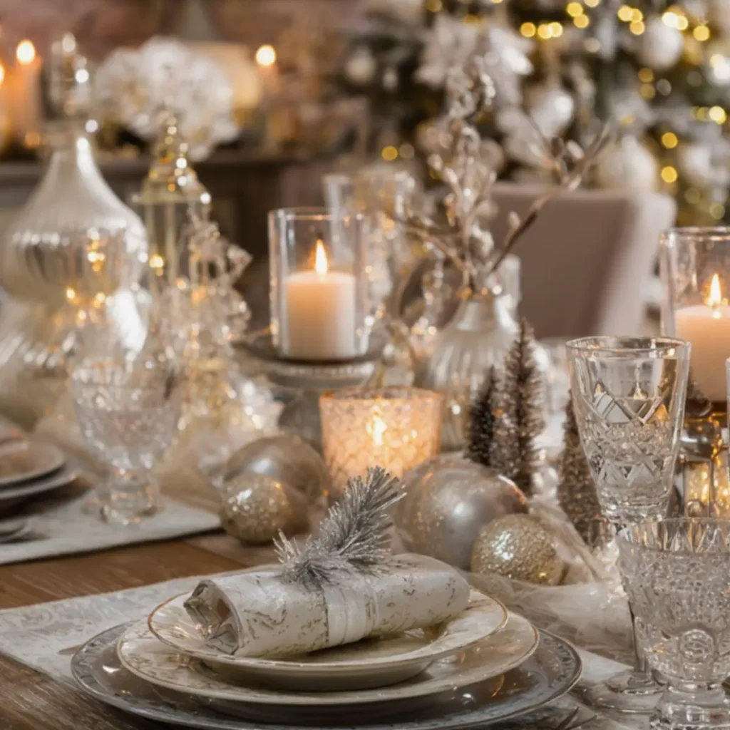 Elegant holiday table styled with silver and gold Christmas decorations, glittering ornaments, and warm candlelight for a timeless look.