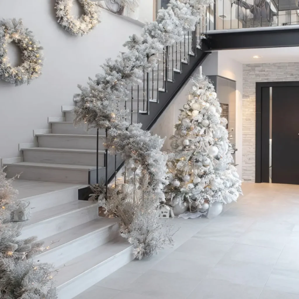 Elegant entryway with a frosted silver Christmas tree and matching silver garlands on the staircase for a luxurious winter look.