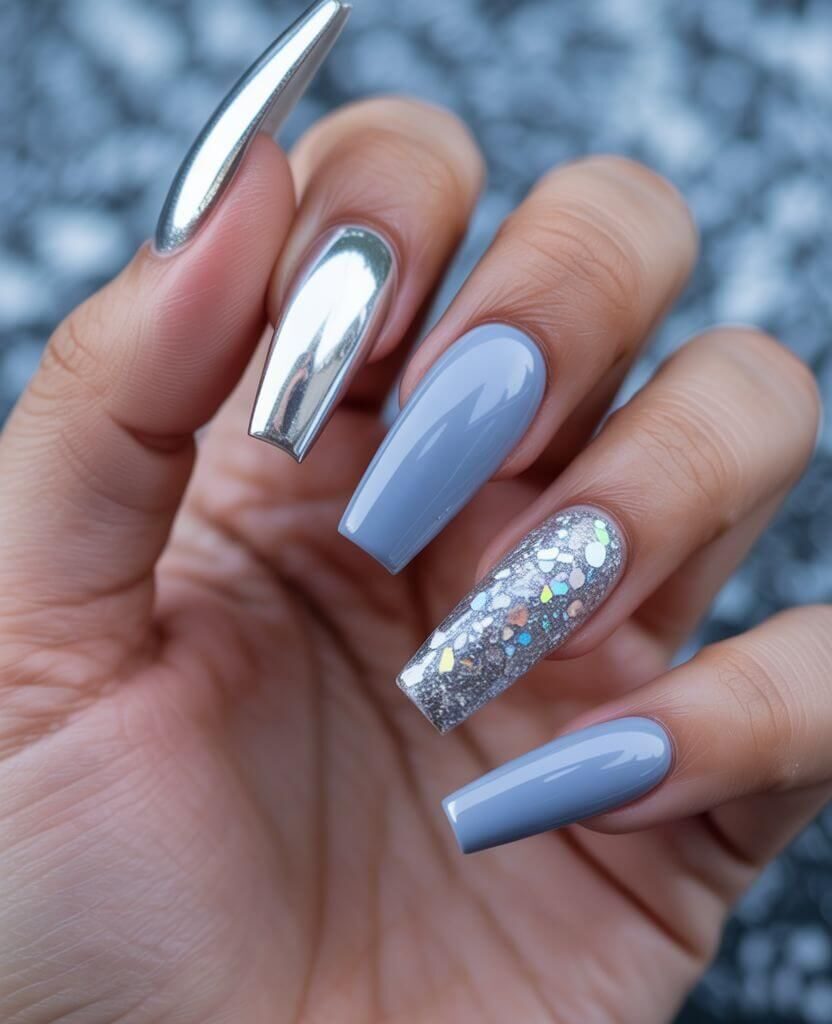 Metallic and Glitter Winter Coffin Nails – Silver Chrome and Blue Nail Design 2025