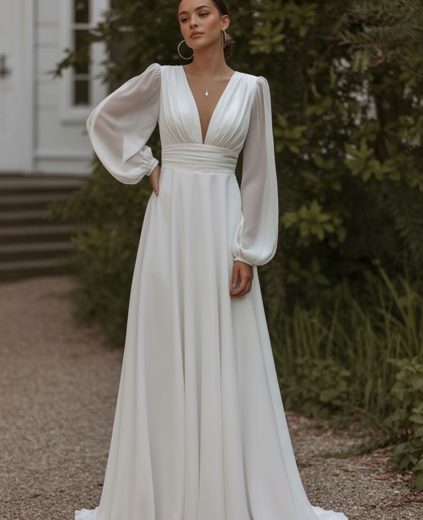 Minimalist simple winter wedding dress in champagne crepe with clean lines and modern silhouette