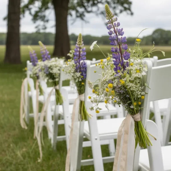 small wildflower bunches tied to chairs for wildflower wedding ceremony decoration