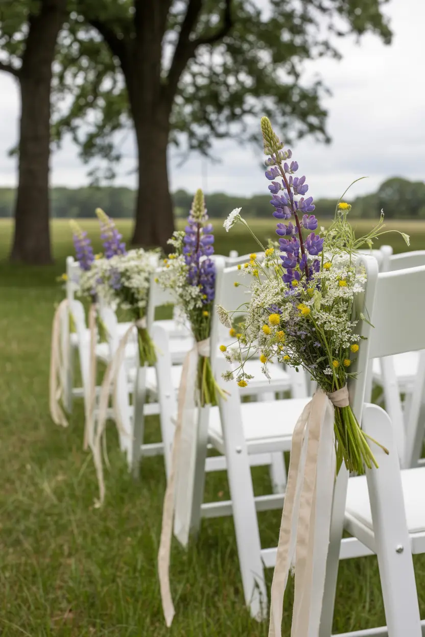 small wildflower bunches tied to chairs for wildflower wedding ceremony decoration