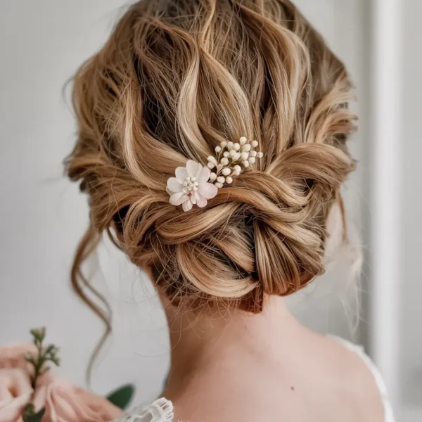 soft updo with loose waves and floral pin bridesmaid hair 2026