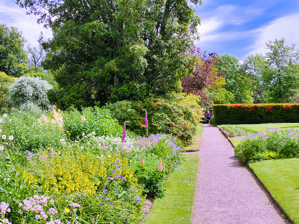 spring front garden ideas — lush garden border with herbaceous perennials in bloom
