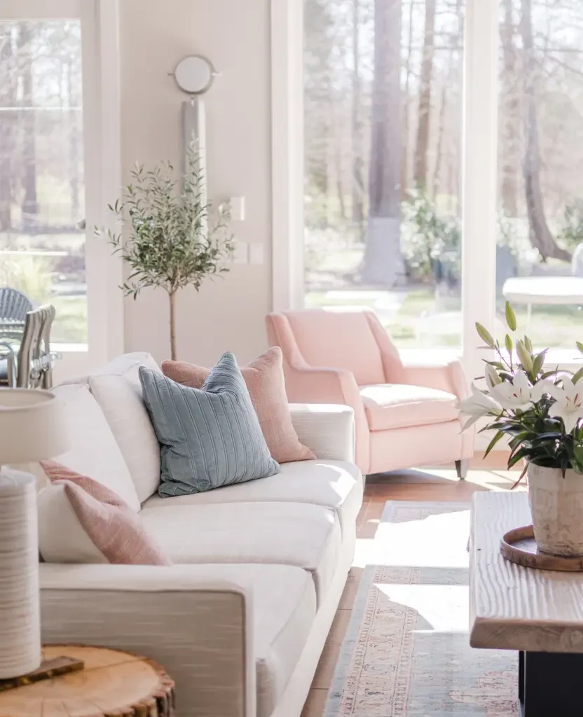 pastel spring living room decor with soft pink and sage accents for a light and modern home look
