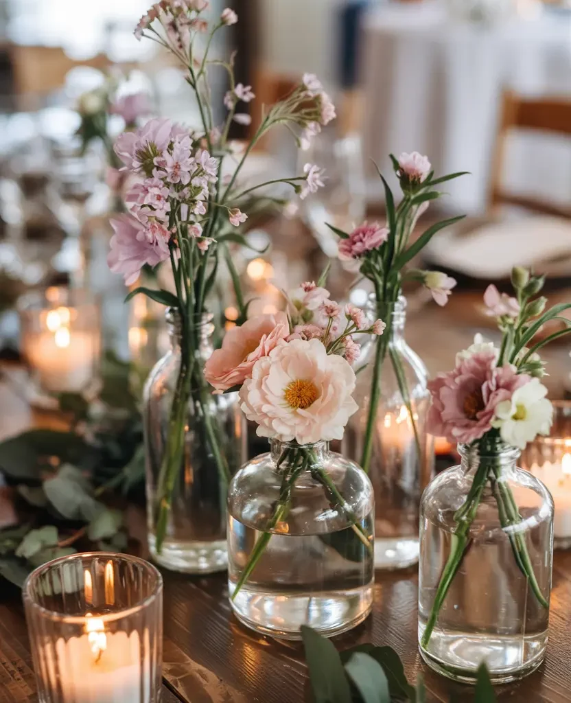 spring wedding centerpiece ideas 2026 – glass bud vases with 
mixed wildflowers and greenery on rustic wooden reception table