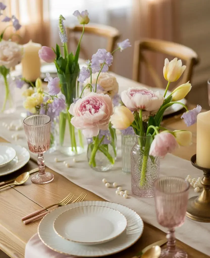 Pastel spring wedding table decor featuring blush, sage, and lavender tones with minimalist wedding table settings.