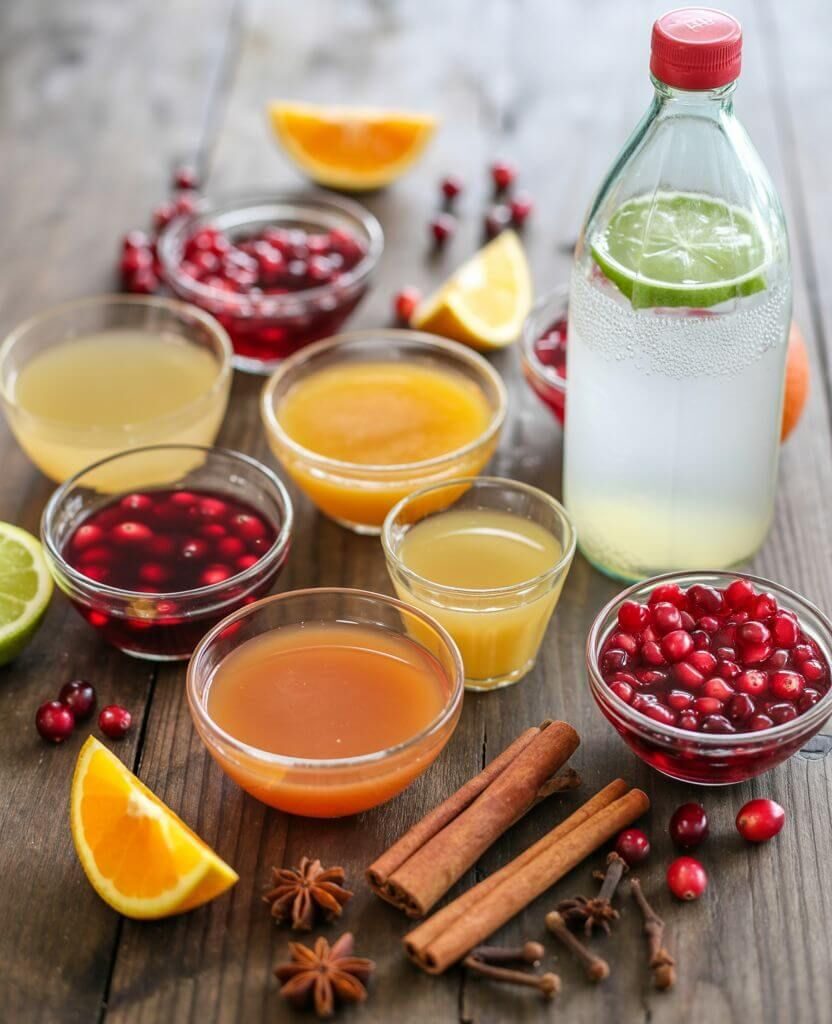 Ingredients for easy non-alcoholic punch recipe – apple cider, cranberry juice, orange juice, pineapple juice, pomegranate juice, lemon-lime soda, cinnamon sticks, cloves, and fresh garnishes on a wooden tray.