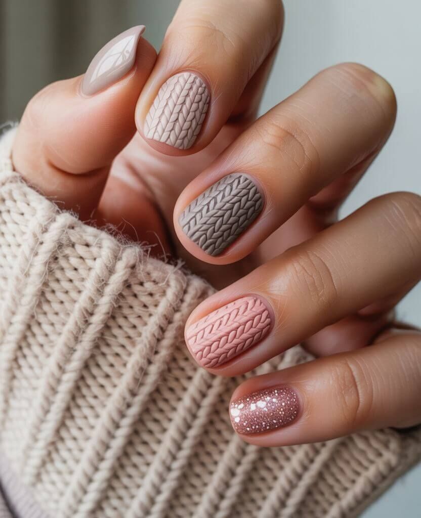 Cozy fall sweater nails in nude, pink, and grey with 3D cable knit texture and glitter accent – perfect autumn nail art design 2025