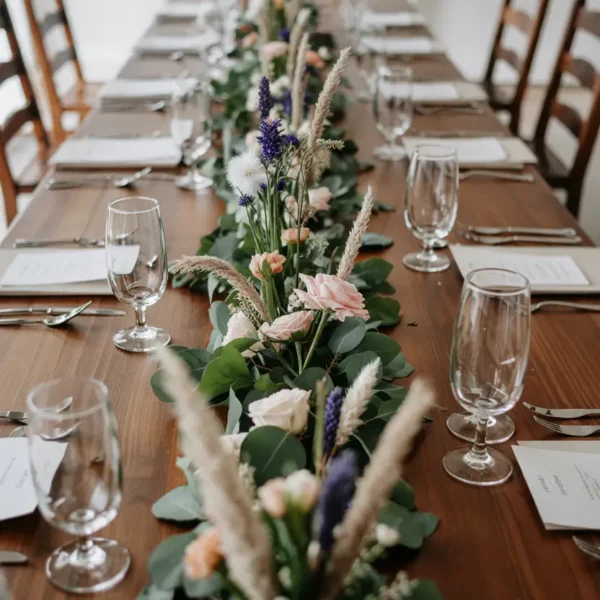 meadow runner wedding table centrepiece with wildflowers and foliage