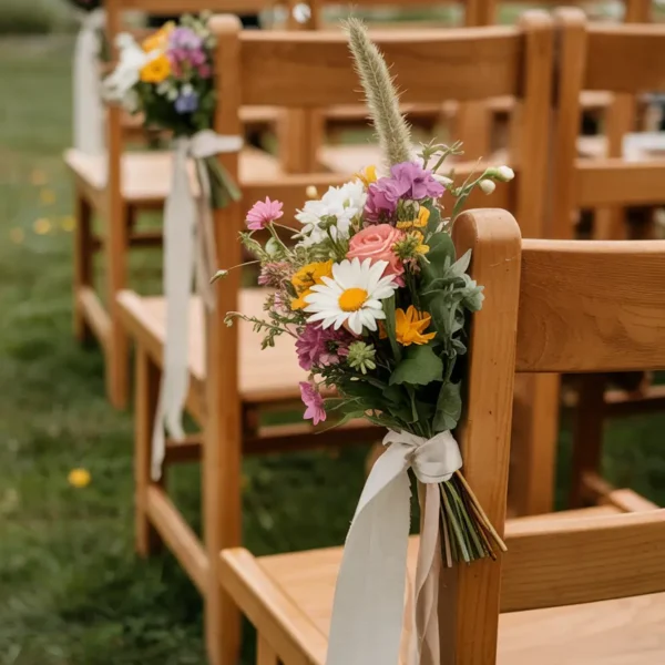 pew and chair decoration with small wildflower bunches tied with ribbon