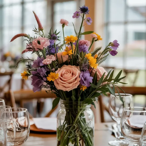 single statement wildflower arrangement in mason jar for wedding table
