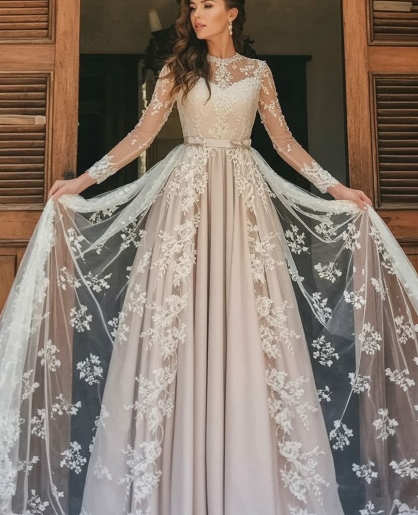 Romantic lace winter wedding dress with illusion neckline and full skirt under soft candlelight