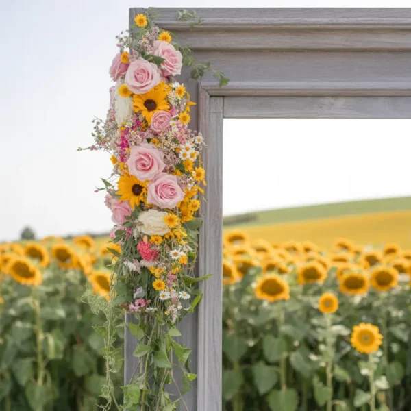 weathered wooden arch with wildflower wedding decoration