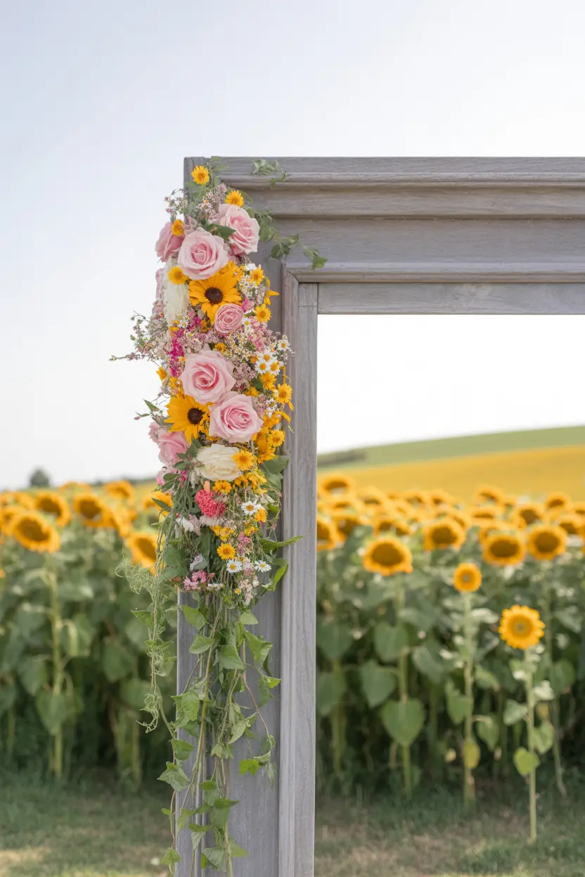 weathered wooden arch with wildflower wedding decoration