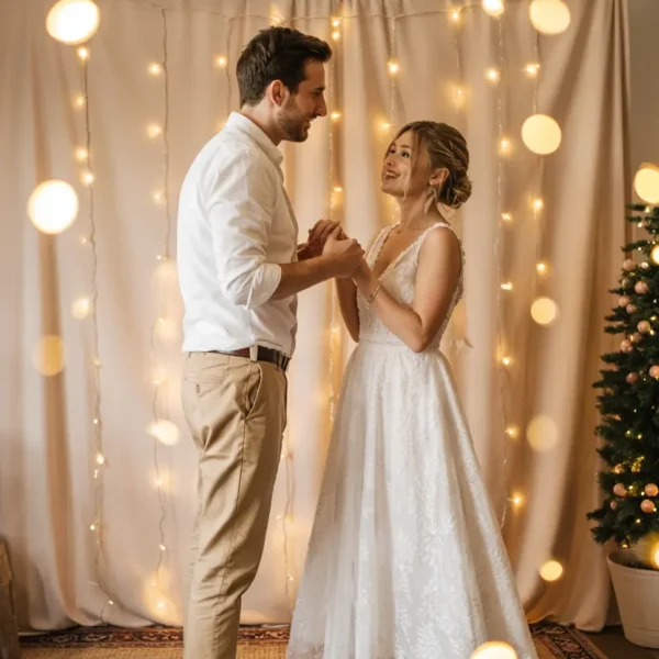 wedding photobooth fairy light curtain backdrop – warm gold bokeh