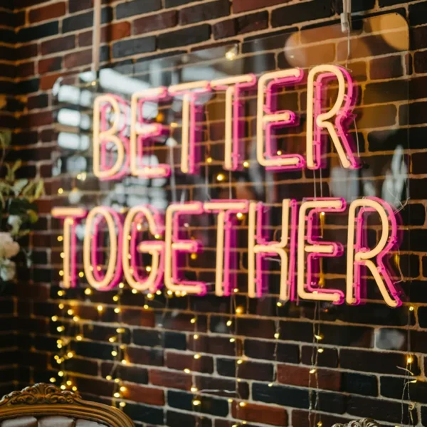 wedding photobooth neon sign backdrop – better together LED sign