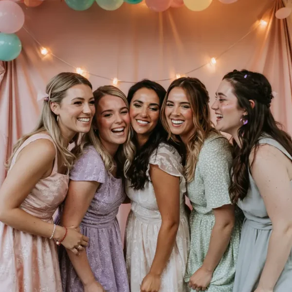 bridesmaids group photobooth pose – heads together laughing