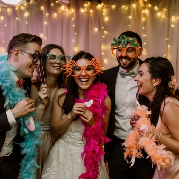 wedding guests laughing at photobooth with props and backdrop