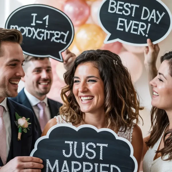 wedding photobooth props – guests holding chalkboard speech bubble signs