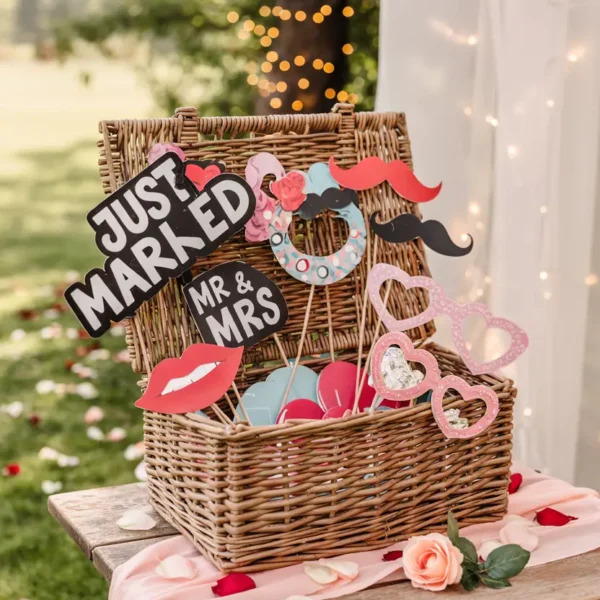 wedding photobooth props kit in basket – assembled signs and accessories