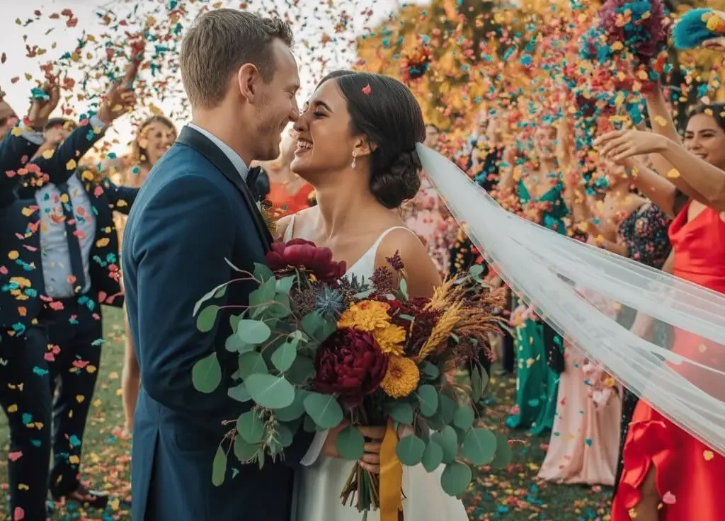 Modern wedding trends for 2026 featuring a joyful couple, bold colors, confetti moment and expressive floral bouquet.