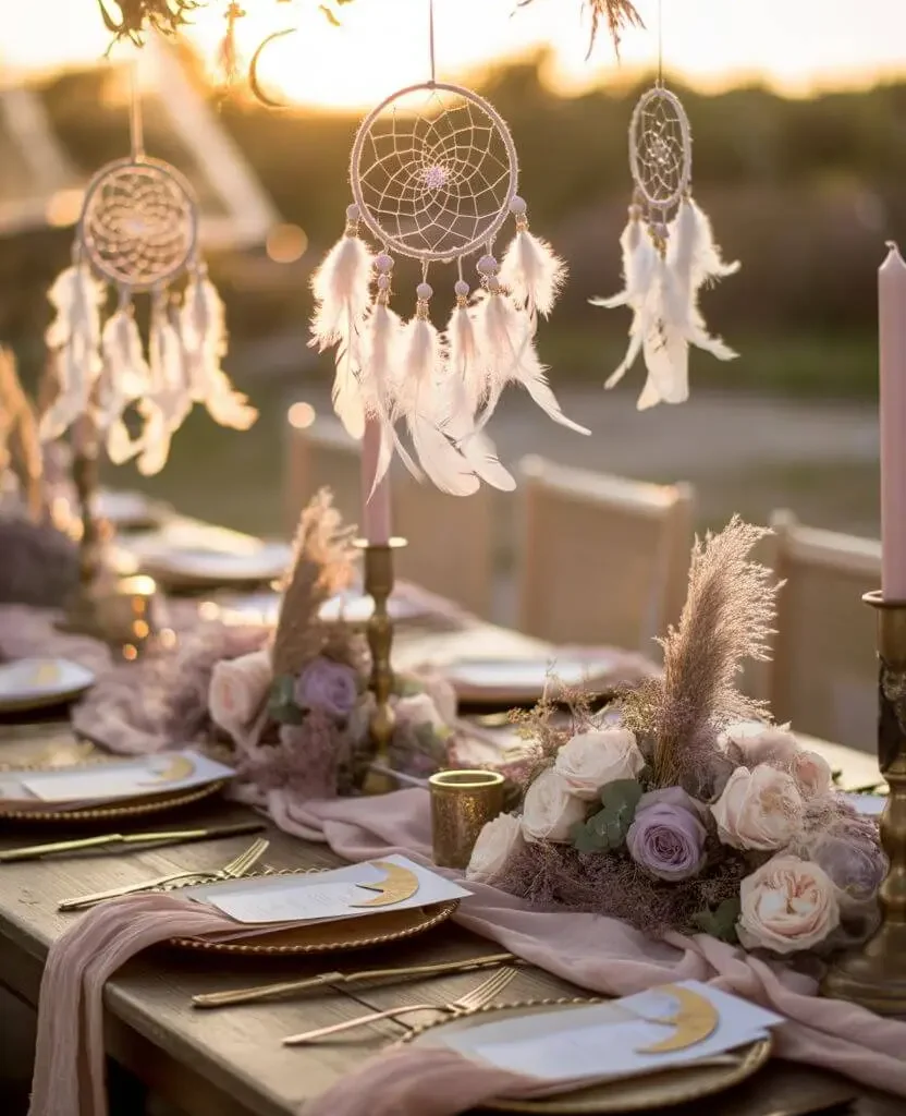 Romantic boho tablescape detail with unexpected decorative accents