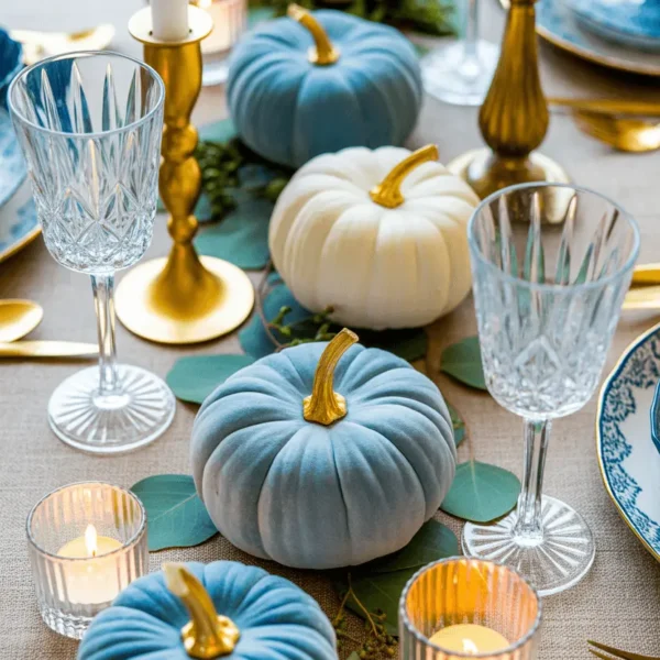 Elegant Halloween decor using pumpkins in bone white, blue-gray, velvet