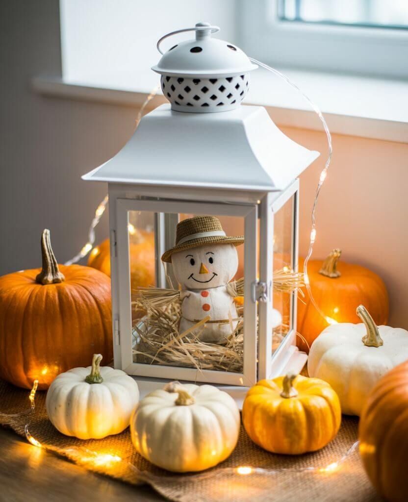 White lantern centerpiece with a cute scarecrow figurine surrounded by mini white and orange pumpkins and string lights – cozy Thanksgiving table decor idea.