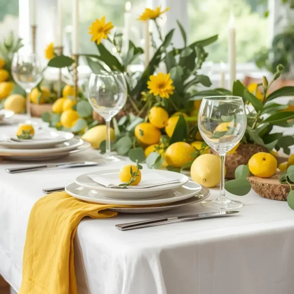 white linen tablecloth for lemon table setting