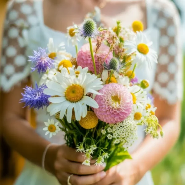 wildflower wedding bouquet with cosmos and ranunculus