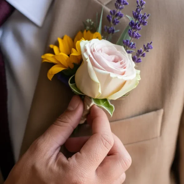 wildflower boutonniere with ranunculus and eucalyptus for groom buttonhole