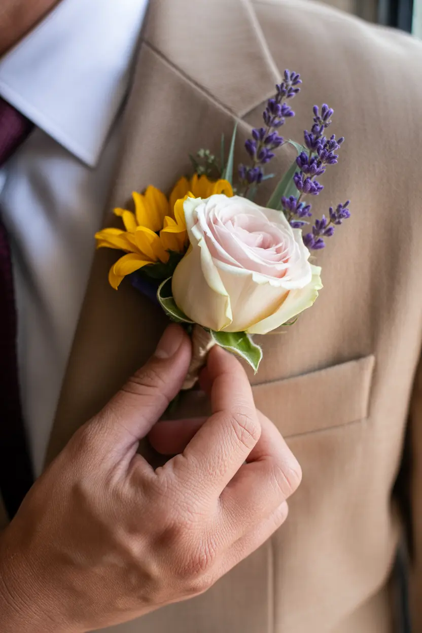 wildflower boutonniere with ranunculus and eucalyptus for groom buttonhole