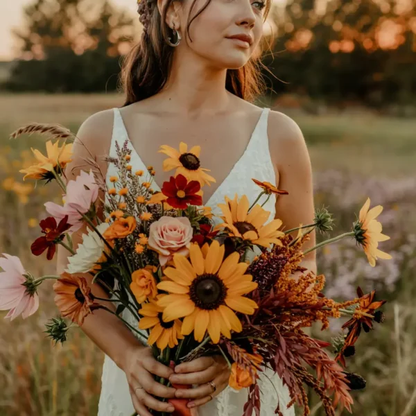 wildflower wedding bouquet with meadow flowers and long stems