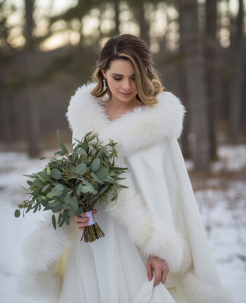 Winter wedding dress paired with tailored wool coat for elegant city ceremony look