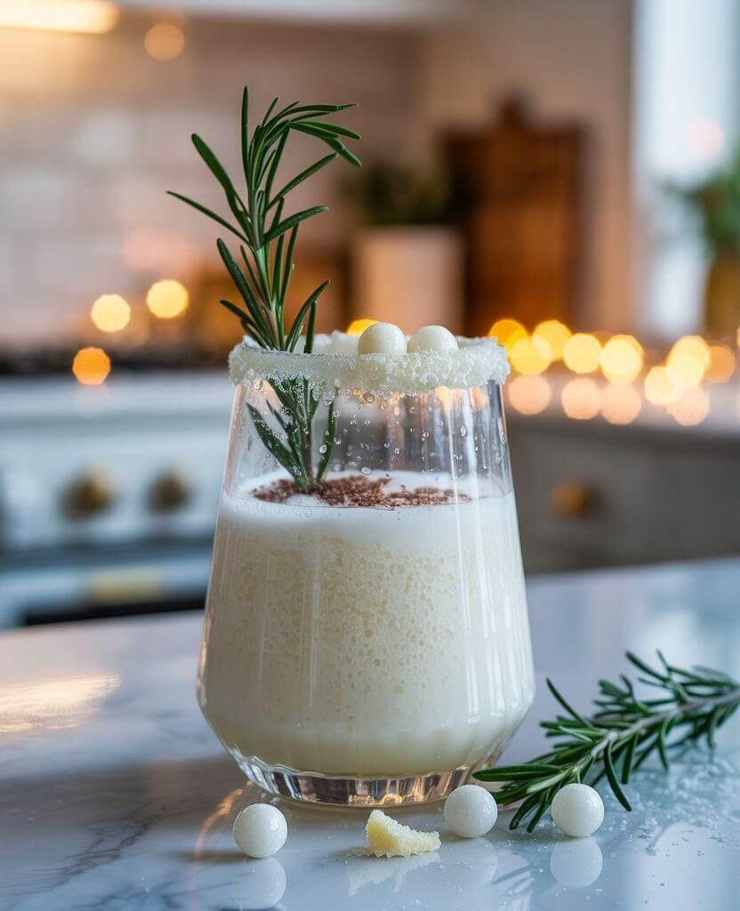 Snowy white Winter Wonderland Mocktail in a clear glass, garnished with rosemary sprig and sugar pearls, festive non-alcoholic Christmas drink on marble countertop.