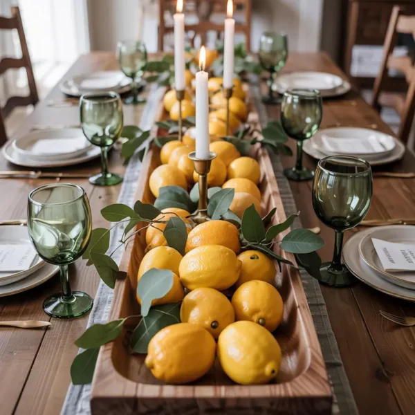 wooden dough bowl lemon centerpiece arrangement